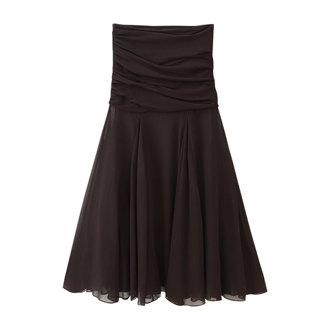 Women's Strapless Ruched Midi Dress French Style Solid Color High Waist Slim Fit Polyester Coffee Party Dress