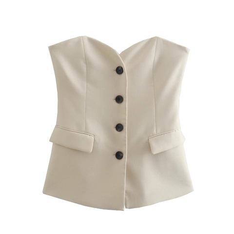 Women Top And Bottom Suit Set Acrylic Polyester Solid Color Button Bustier Vest And High Waist Slit Straight Leg Pants Street Style