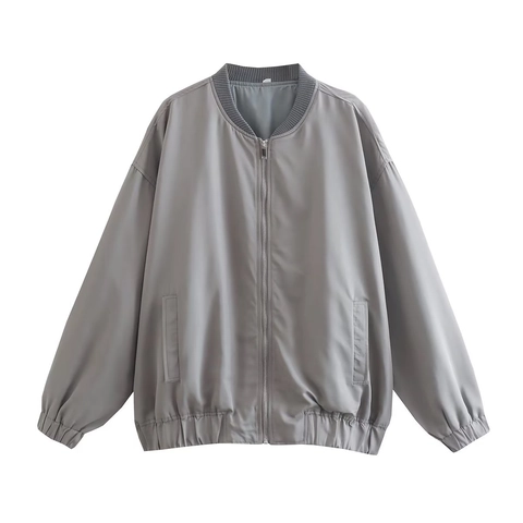 Women Casual Solid Grey Bomber Jacket Vintage Y2K Loose Fit Zip Up Flight Jacket Rib Knit Collar Streetwear Outwear Coat