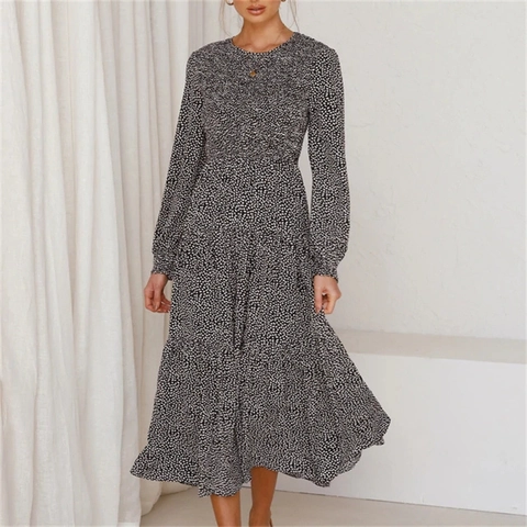 Dames Elegante Maxi Jurk met Bloemenprint Ronde Hals Lange Mouwen Franse Retro Smocking Gelaagde Rok Zomer Feestjurk