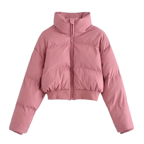 Women Casual PU Leather Quilted Puffer Jacket Stand Collar Short Warm Winter Padded Outerwear Zip Up Jacket For Ladies