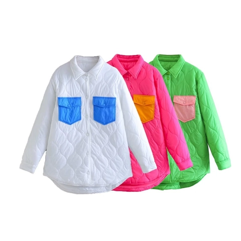 Women Casual Contrast Color Quilted Jacket Loose Turn-down Collar Single Breasted Padded Coat With Pockets Long Sleeve Outwear
