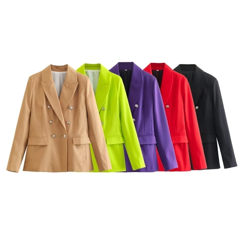 Veste De Blazer Ajustée À Double Boutonnage Pour Femme Couleur Unie Manches Longues Veste De Costume Avec Boutons Métalliques Pour Le Travail