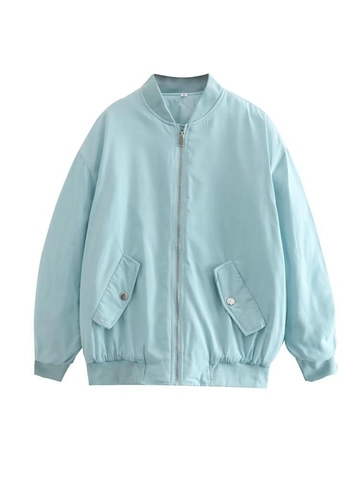 Women's Casual Solid Color Zipper Bomber Jacket Loose Fit Long Sleeve Quilted Lining Stand Collar Outerwear Coat