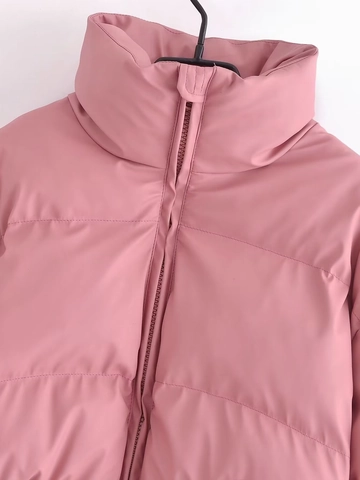 Women Casual PU Leather Quilted Puffer Jacket Stand Collar Short Warm Winter Padded Outerwear Zip Up Jacket For Ladies
