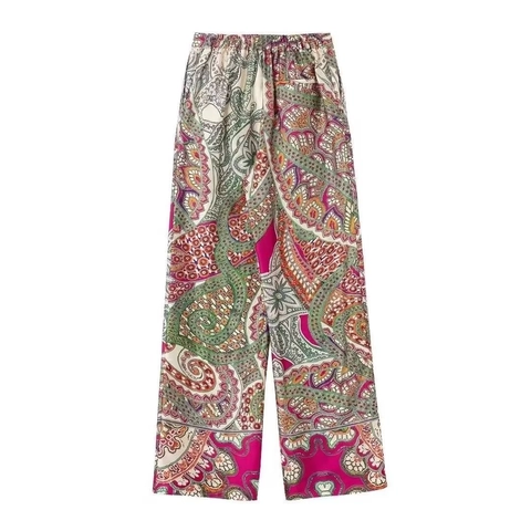 Pantaloni a Gamba Dritta a Vita Alta con Stampa Paisley Boho da Donna Pantaloni Casual in Raso Streetwear