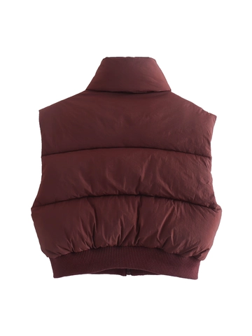 Damen Mode Kurze Puffer Weste Stehkragen Reißverschluss Wattierte Ärmellose Jacke Mit Geripptem Saum Rostrot Gesteppte Oberbekleidung