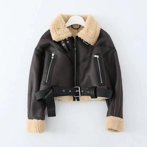 Chaqueta Moto Corta de Cuero Sintético para Mujer Con Forro de Borreguito Cálido Color Sólido Solapa Cremallera Abrigo Biker Con Hebilla de Cinturón