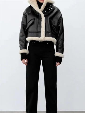 Giacca Biker Donna Invernale Ecopelle Pile Montone Risvolto Cerniera Corta Capispalla Caldo Cappotto Streetwear