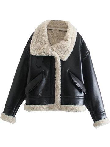 Giacca Biker Donna Invernale Ecopelle Pile Montone Risvolto Cerniera Corta Capispalla Caldo Cappotto Streetwear