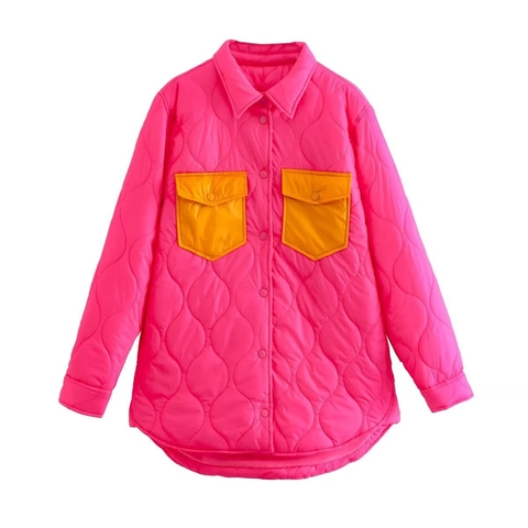 Women Casual Contrast Color Quilted Jacket Loose Turn-down Collar Single Breasted Padded Coat With Pockets Long Sleeve Outwear