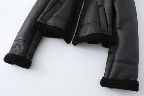 Giacca da Moto in Pelle Sintetica Corta da Donna Shearling Inverno Caldo Finitura in Pelliccia Sintetica Foderata in Sherpa
