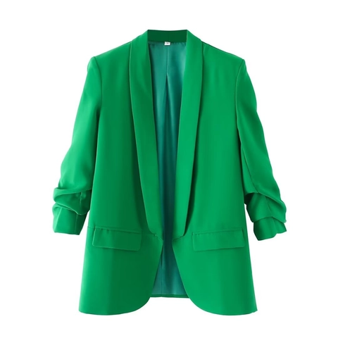 Women's Casual Open Front Ruched Sleeve Blazer Jacket Shawl Collar Professional Work Office Solid Color Suit Coat Outerwear