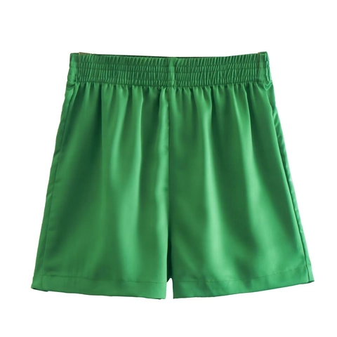 Pantaloncini in Raso a Vita Alta Casual da Donna Vita Elastica Arricciata Vestibilità Ampia Verde Smeraldo Streetwear Estivo per Donna