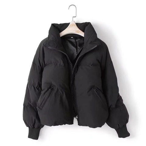 Women Oversized Puffer Jacket Stand Collar Zip Up Winter Coat Thick Padded Outwear Solid Black Khaki Casual Streetwear Jacket