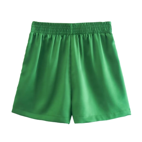 Pantaloncini in Raso a Vita Alta Casual da Donna Vita Elastica Arricciata Vestibilità Ampia Verde Smeraldo Streetwear Estivo per Donna