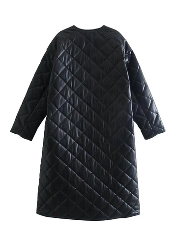 Abrigo Acolchado Largo de Cuero PU Casual para Mujer Invierno Cálido Patrón de Diamante Cuello Redondo Streetwear Chaqueta Acolchada