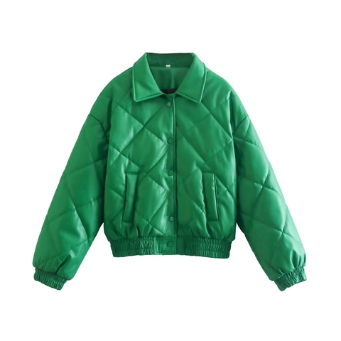 Chaqueta de Mujer Verde Acolchada de Cuero PU Informal Manga Larga Patrón de Diamante Botón Chaqueta Acolchada Streetwear Moda