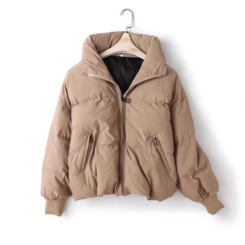 Women Oversized Puffer Jacket Stand Collar Zip Up Winter Coat Thick Padded Outwear Solid Black Khaki Casual Streetwear Jacket