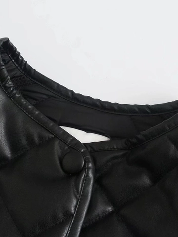Abrigo Acolchado Largo de Cuero PU Casual para Mujer Invierno Cálido Patrón de Diamante Cuello Redondo Streetwear Chaqueta Acolchada