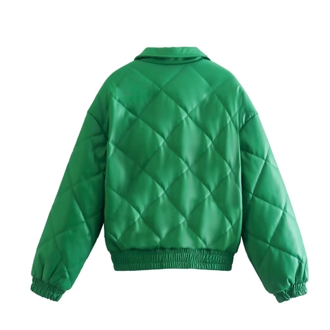 Chaqueta de Mujer Verde Acolchada de Cuero PU Informal Manga Larga Patrón de Diamante Botón Chaqueta Acolchada Streetwear Moda