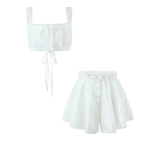 Women White Lace Crop Top And Shorts Set Sleeveless Square Neck Lace Up Sweet Cottagecore Two Piece Casual Outfit