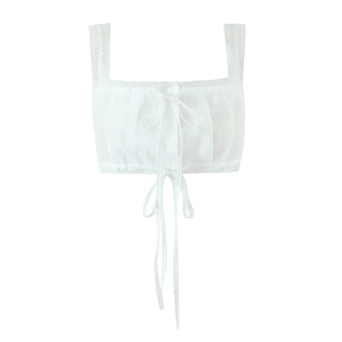 White Women Camisole Top And Ruffle Shorts With Lace Trim Coquette Style Pleated