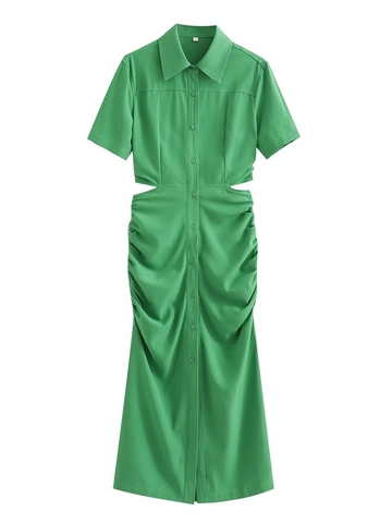 Women Sexy Hollow Out Ruched Maxi Dress Summer Lapel Short Sleeve Button Down Solid Color Slim Fit Shirt Dress For Vacation