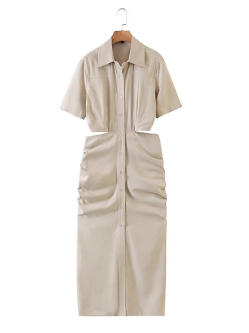 Women Sexy Hollow Out Ruched Maxi Dress Summer Lapel Short Sleeve Button Down Solid Color Slim Fit Shirt Dress For Vacation
