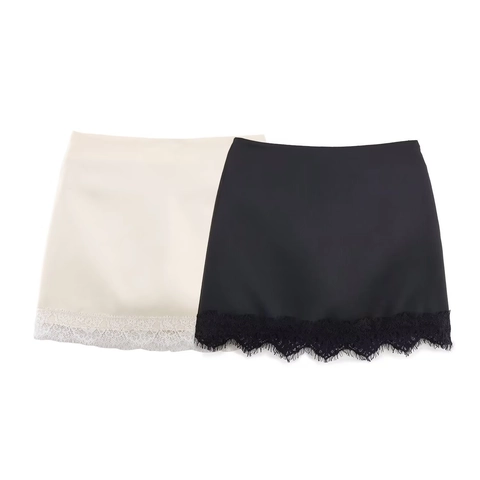 Elegant Satin Mini Skirt With Lace Hem Patchwork High Waist A-Line Short Skirt For Women Summer Party Daily Bottoms