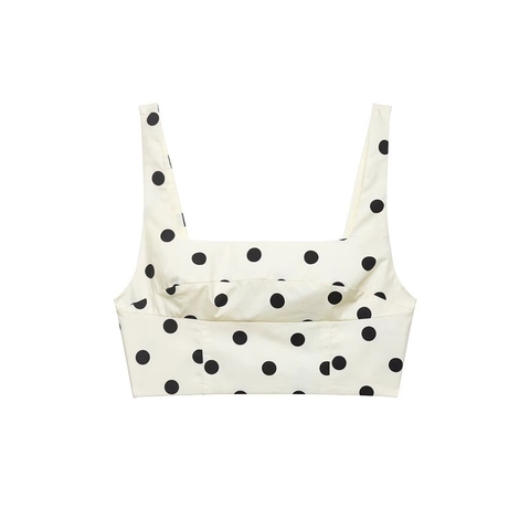 Top Corto Sexy de Lunares para Mujer Cuello Cuadrado Tirantes Anchos Cremallera Trasera Sin Mangas Blanco Negro Poliéster