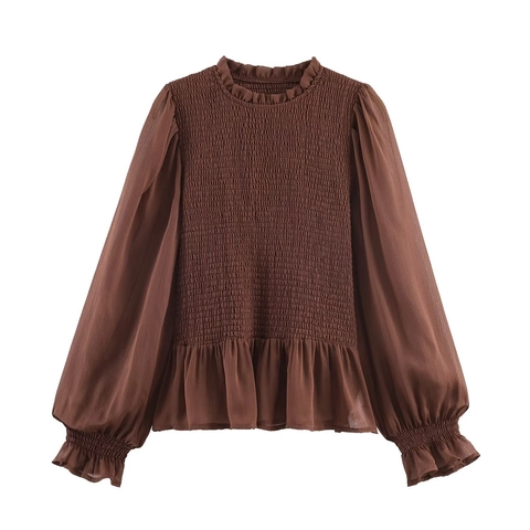French Retro Smocked Blouse For Women Lantern Sleeve Ruffle Stand Collar Slim Fit Long Sleeve Polyester Solid Color Top