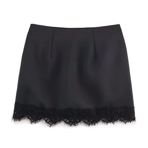 Women Satin Lace Trim Mini Skirt High Waist Chic Solid A-Line Short Skirt Elegant Streetwear Party Bottoms For Girls