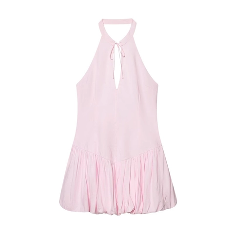 Sexy Halternek Roze Ballonrok Jurk Geplooid Uitgesneden Mini-jurk Mouwloos Westerse Stijl Feest Clubwear Vrouwen Zomer