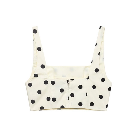 Top Corto Sexy de Lunares para Mujer Cuello Cuadrado Tirantes Anchos Cremallera Trasera Sin Mangas Blanco Negro Poliéster