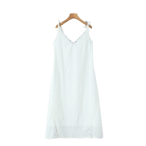 Dames Vintage V-hals Kant Patchwork Cami Maxi Jurk Katoen Strikbandjes Casual Mouwloos Lange Zonnejurk Mode Zomerkleding