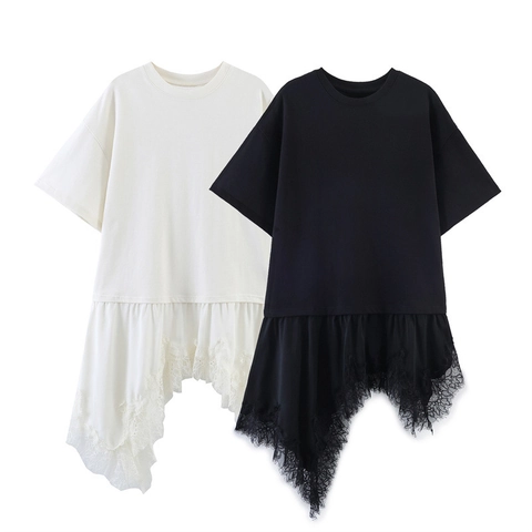 Damen Casual Lockerer Rundhalsausschnitt Kurzarm T-Shirt Mit Asymmetrischem Spitzen-Patchwork-Saum Streetwear Top