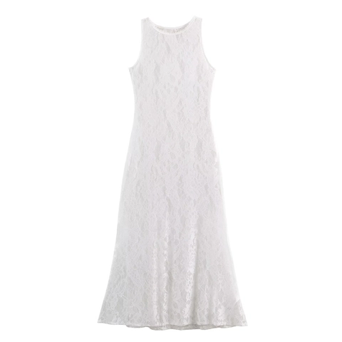 Damen Sexy Weißes Ärmelloses Maxikleid Aus Spitze Elegant Hohl Aus Rundhalsausschnitt A-Linie Langes Kleid Für Sommer Hochzeit