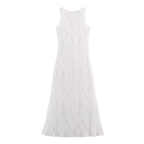 Damen Sexy Weißes Ärmelloses Maxikleid Aus Spitze Elegant Hohl Aus Rundhalsausschnitt A-Linie Langes Kleid Für Sommer Hochzeit