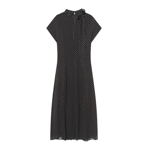 Damen Polka Dot Midi A-Linie Kleid Mit Schleifenkragen Kurzarm Elegant Hoch tailliert Slim Fit Polyester Sommer Partykleid