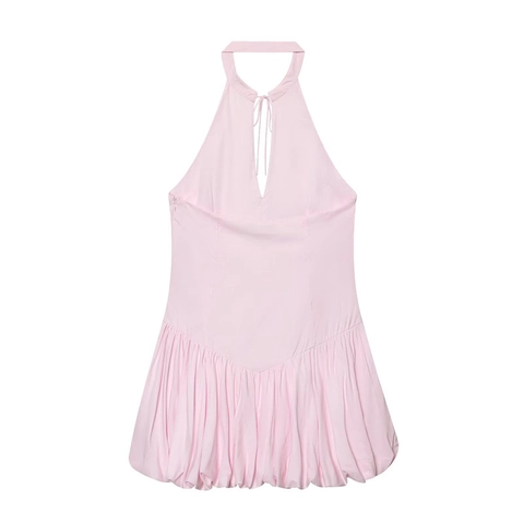 Sexy Halternek Roze Ballonrok Jurk Geplooid Uitgesneden Mini-jurk Mouwloos Westerse Stijl Feest Clubwear Vrouwen Zomer