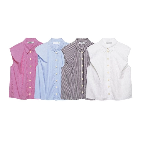 Women Casual Sleeveless Ruffle Blouse Lapel Button Down Shirt Gingham Stripe Solid Summer Top For Daily Office