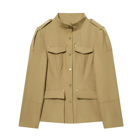 Veste Safari Militaire Décontractée pour Femme en Coton Nylon avec Col Montant Épaulettes Multi Poches Ceinture Kaki Printemps Blazer