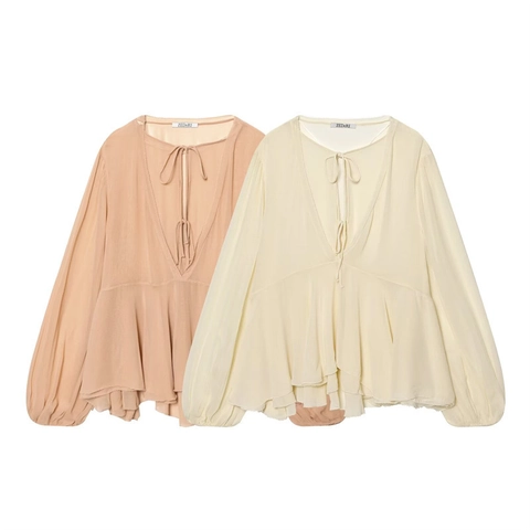 Camicetta Elegante da Donna Scollo a V Laccio Frontale in Chiffon con Orlo a Strati e Volant Maniche a Lanterna Tinta Unita