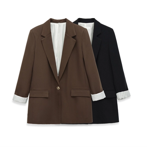 Giacca Blazer da Donna Casual Larga a Bottone Singolo Con Fodera a Righe sul Polsino Risvolto Tasche con Patta Abbigliamento da Lavoro per Ufficio