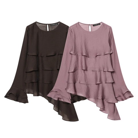Dames Elegante Gelaagde Ruffle Blouse Effen Kleur Lange Mouw Asymmetrische Zoom Pullover Top Voor Casual Kantoor Kleding