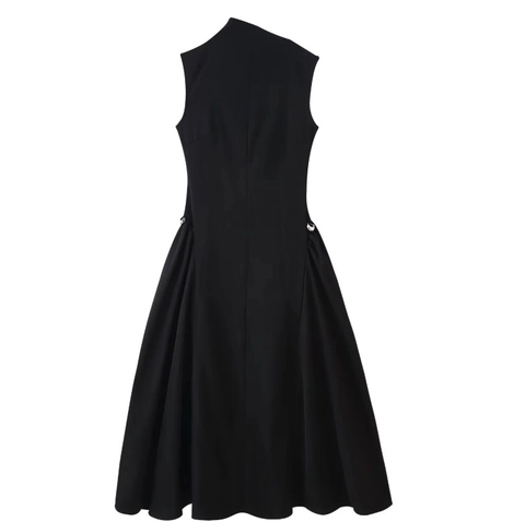 Sleeveless Maxi Dress Elegant Half Turtleneck Pleated Polyester Solid Color With Metal Buckle Detail For Women Fashion