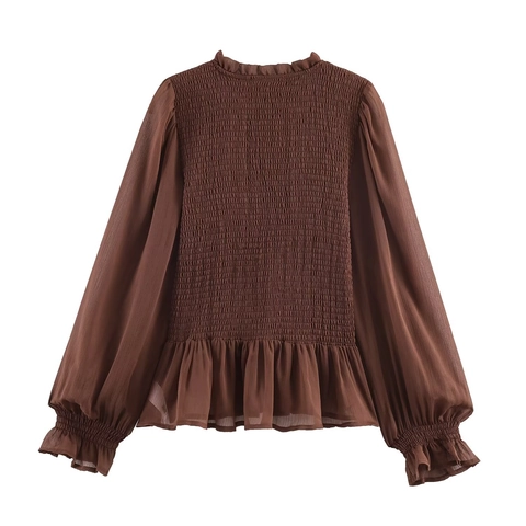 French Retro Smocked Blouse For Women Lantern Sleeve Ruffle Stand Collar Slim Fit Long Sleeve Polyester Solid Color Top