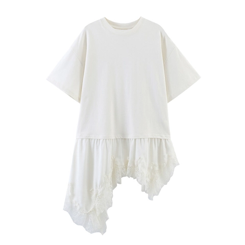 Damen Casual Lockerer Rundhalsausschnitt Kurzarm T-Shirt Mit Asymmetrischem Spitzen-Patchwork-Saum Streetwear Top