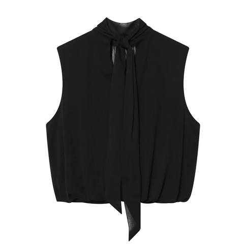 Blusa de Gasa Negra Sin Mangas Casual para Mujer Elegante Cuello Alto con Lazo Plisado Cruzado Top Globo Para Verano Oficina Fiesta